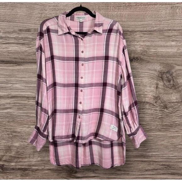 Frye & Co Western Plaid Button Down Shirt Top MEDIUM Boyfriend Purple Pink NWOT - Picture 1 of 8